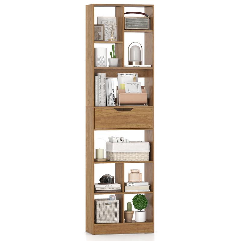 71inch Tall Freestanding Bookcase with Drawer 10-Cube Storage Organizer, Natural - Natural