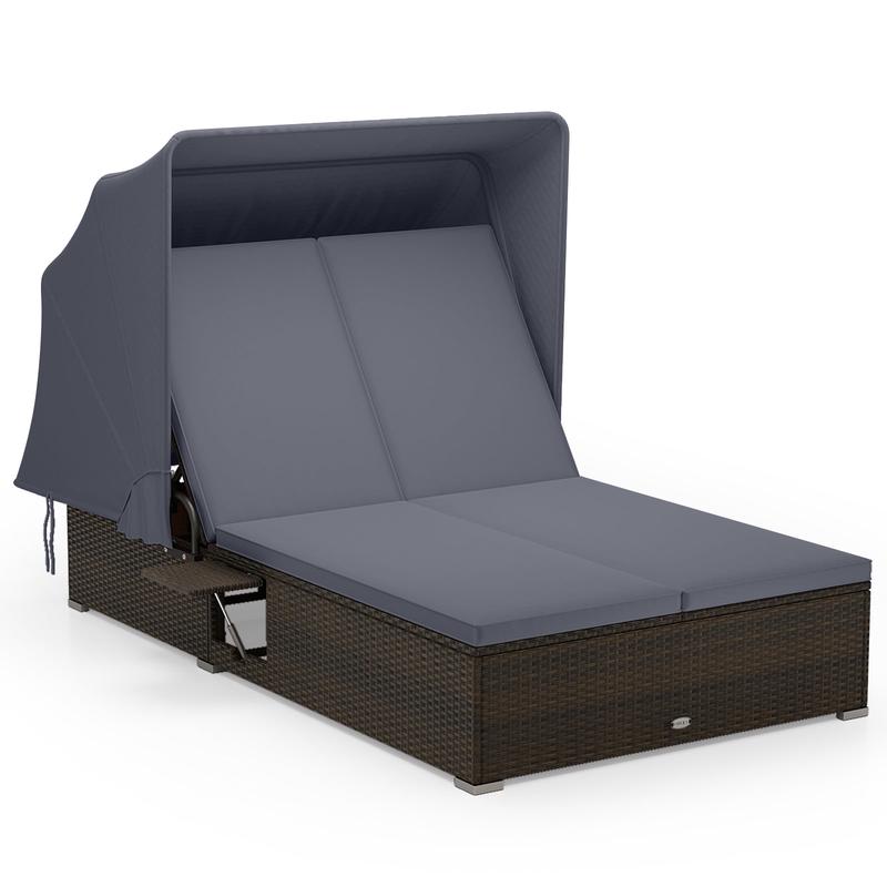 Patio Double Chaise Lounge with Shade Cushions and Folding Side Trays, Gray - Gray