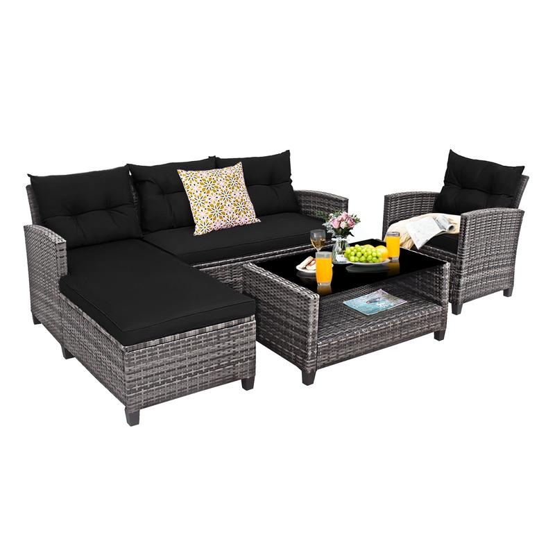 4-Piece Patio Rattan Sofa Set With Cushion, 2-Tier Coffee Table, Black - Black
