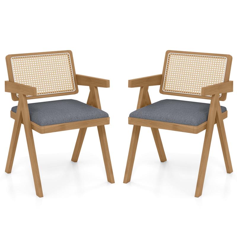 Set Of 2 Rattan Accent Chairs, Padded Cushion, Rubber Wood Frame, Gray - Gray