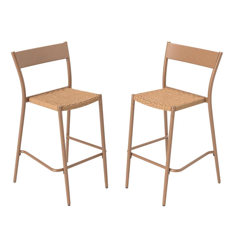 Patio Barstools Set Of 2, Rattan Seat, Metal Backrest, Light Brown - Light Brown
