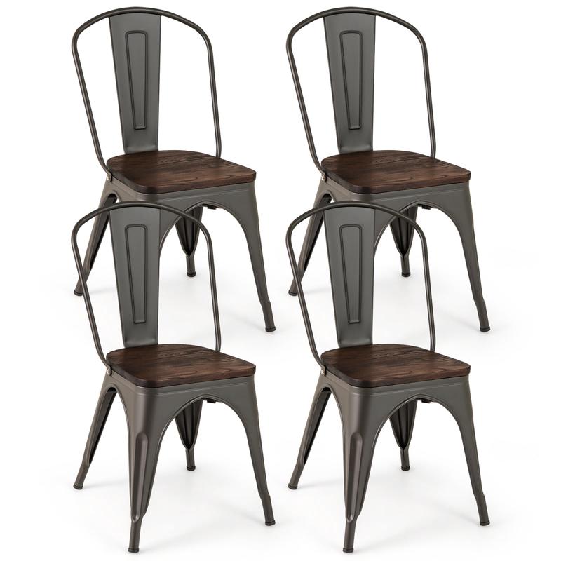 Metal Dining Chairs Set Of 4, Stackable Kitchen Chairs With Wood Seat - Gun