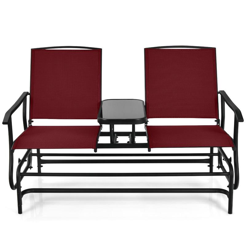 2-Person Rocking Loveseat, Mesh Fabric, Center Glass Table, Red - Red