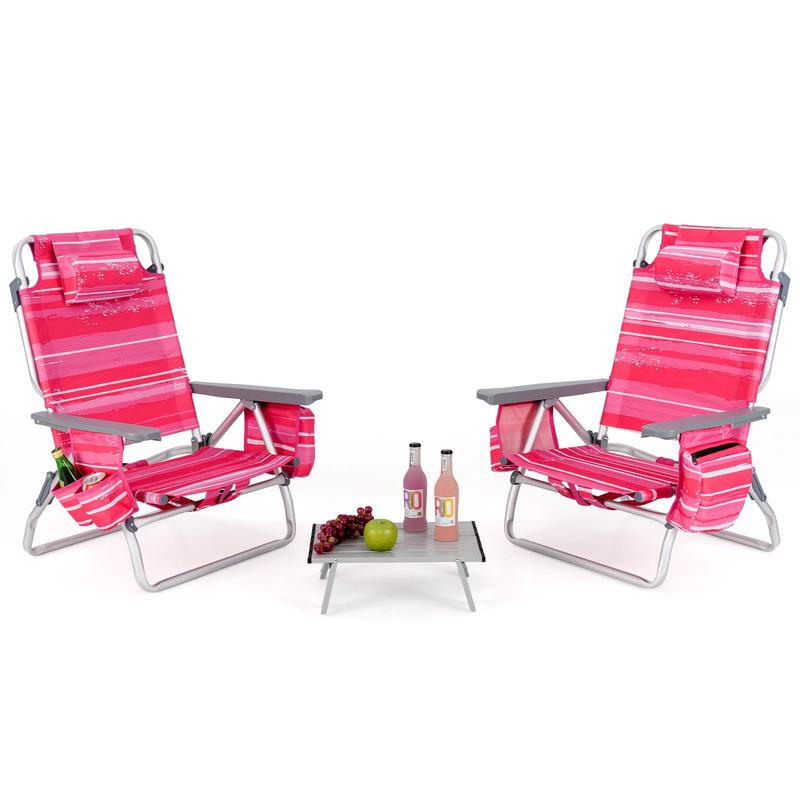 5-Position Folding Beach Table Chair Set, 2 Packs, Pink - Pink