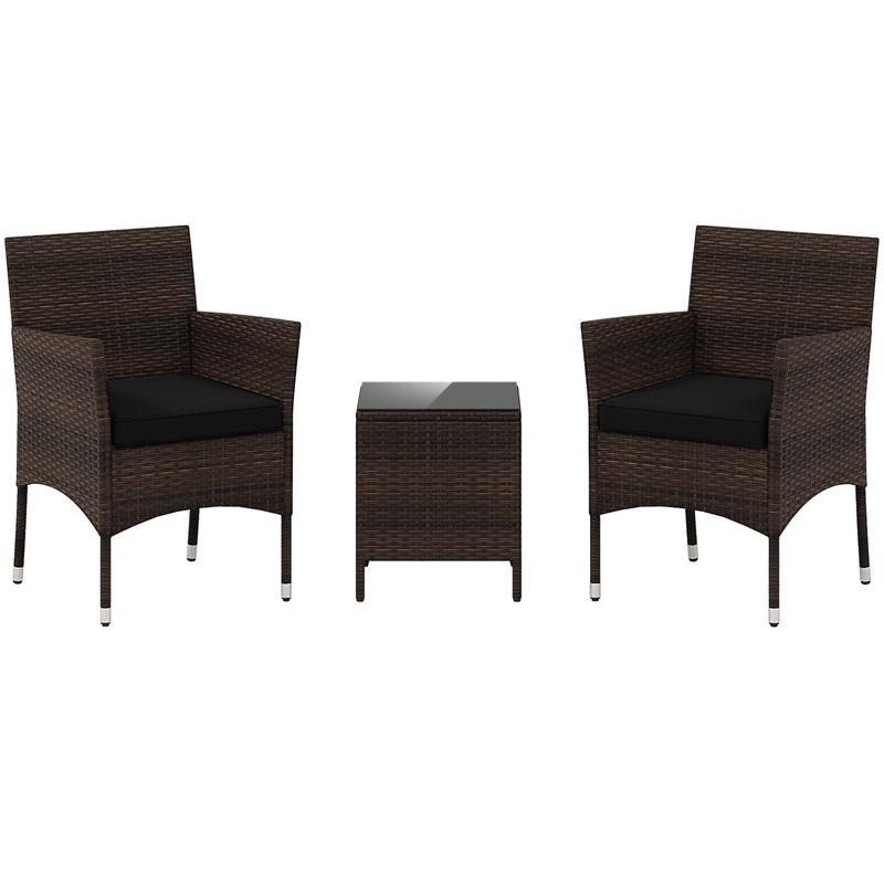 3 Piece Outdoor Conversation Set, Cushioned Seat, Glass Tabletop, Black - Black
