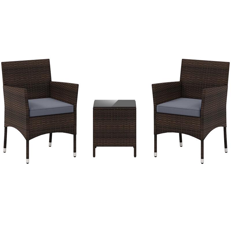 3 Piece Outdoor Conversation Set, Cushioned Seat, Glass Tabletop, Gray - Gray