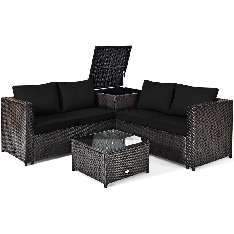 4 Piece Rattan Patio Furniture Set, Loveseat With Storage Box, Black - Black