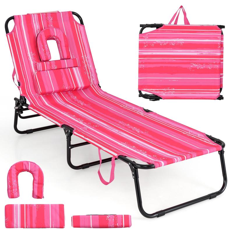 Beach Chaise Lounge Chair With Face Hole, Removable Pillow, Pink, White - White & Pink