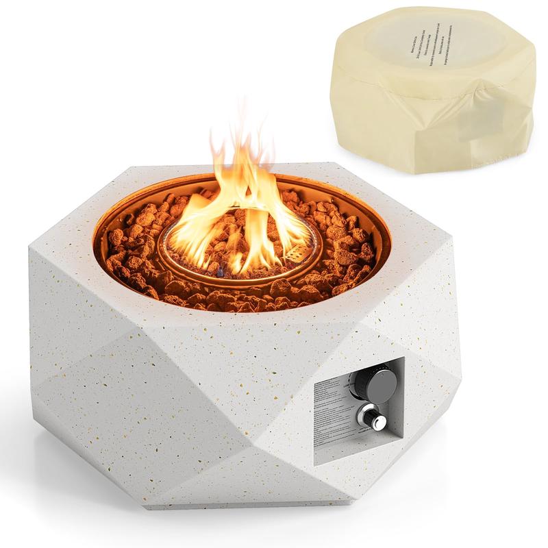 28 Inch Hexagon Terrazzo Propane Fire Pit Table, 40000 BTU, White - White