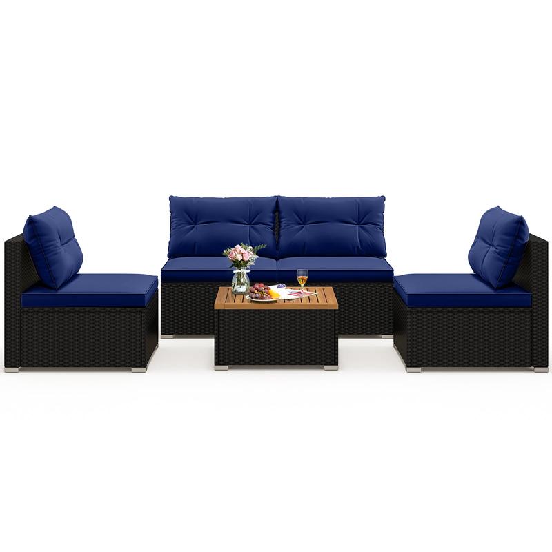 5 Piece Outdoor Furniture Set, Solid Tabletop, Soft Cushions, Navy - Navy