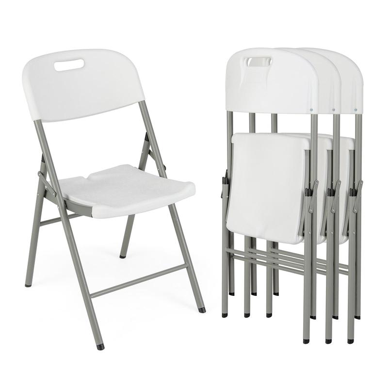 4 Pack Folding Stackable Chairs, Metal Frame With Handle, White - White