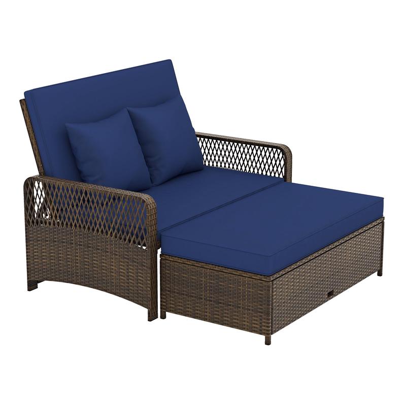 Adjustable Wicker Daybed, 4-Level Backrest, Soft Cushions, Navy - Navy