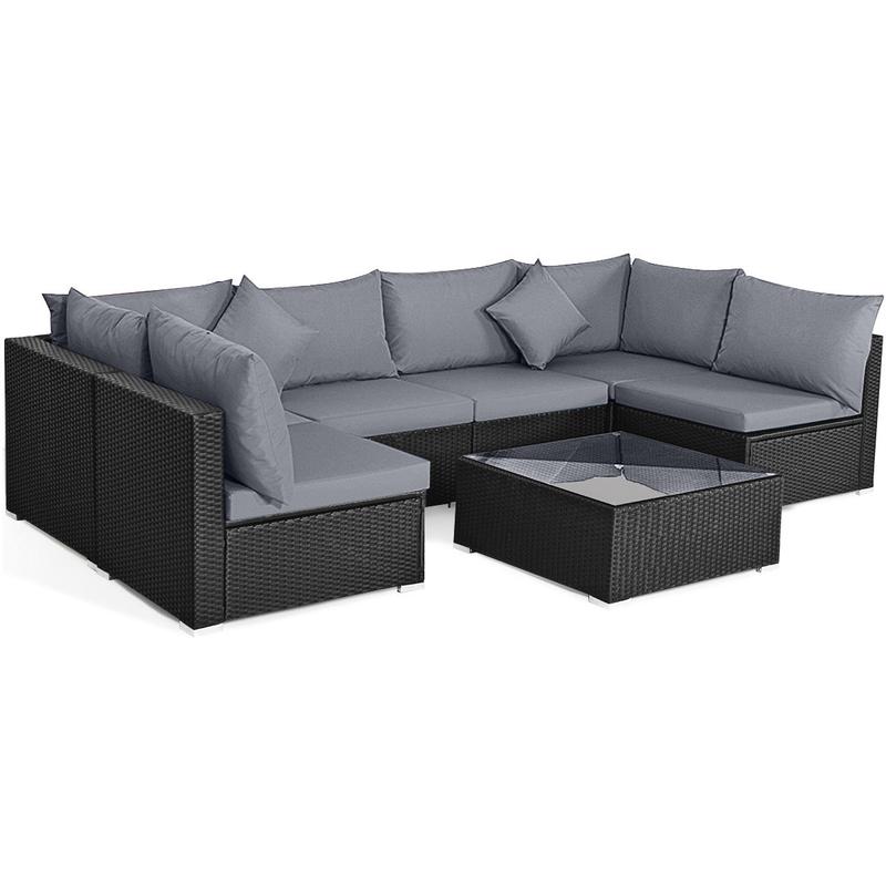 7-Piece Wicker Sectional Sofa Set With Tempered Glass Coffee Table, Gray - Gray