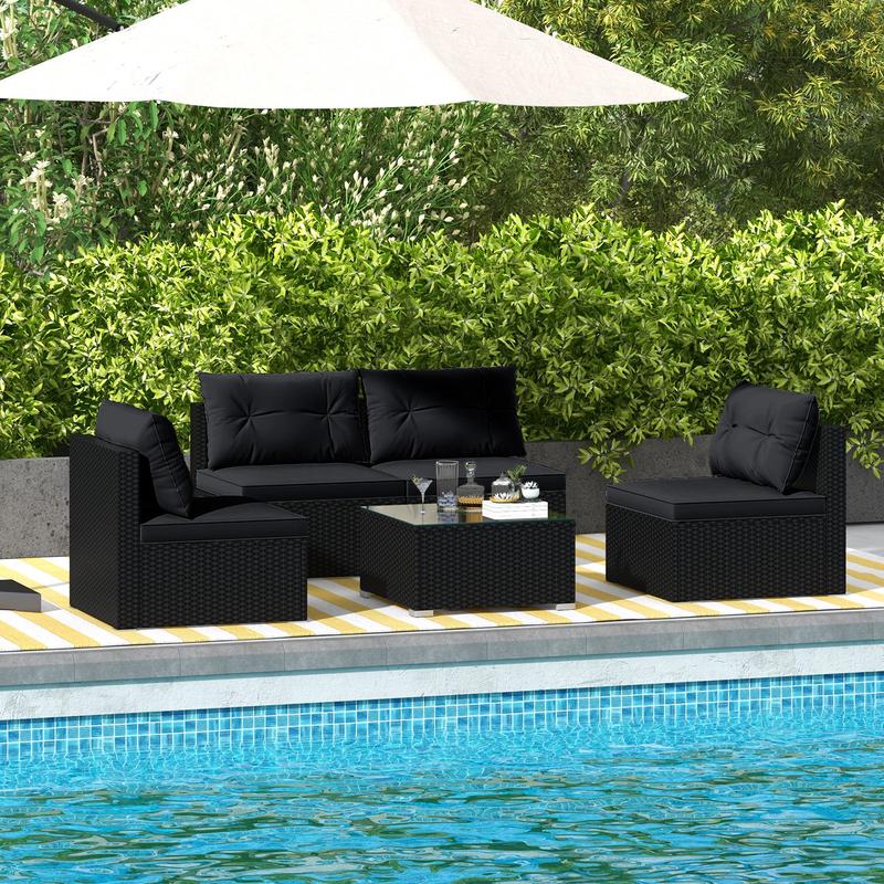 5-Piece Outdoor Patio Furniture Set With Cushions, Coffee Table, Black - Black