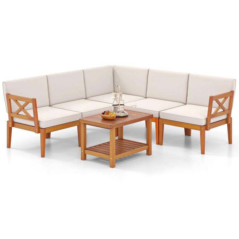 6-Piece Acacia Wood Patio Set, With Cushions And Coffee Table, White - White