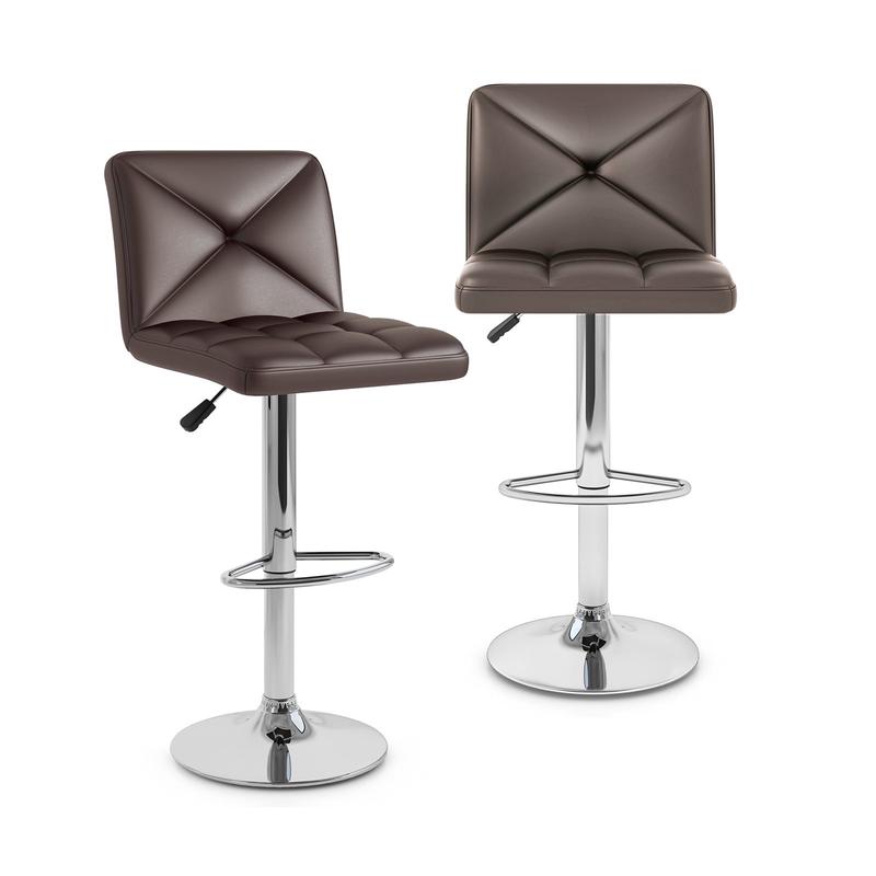 PU Leather Bar Stools, Set of 2, Adjustable Height, Brown - Brown