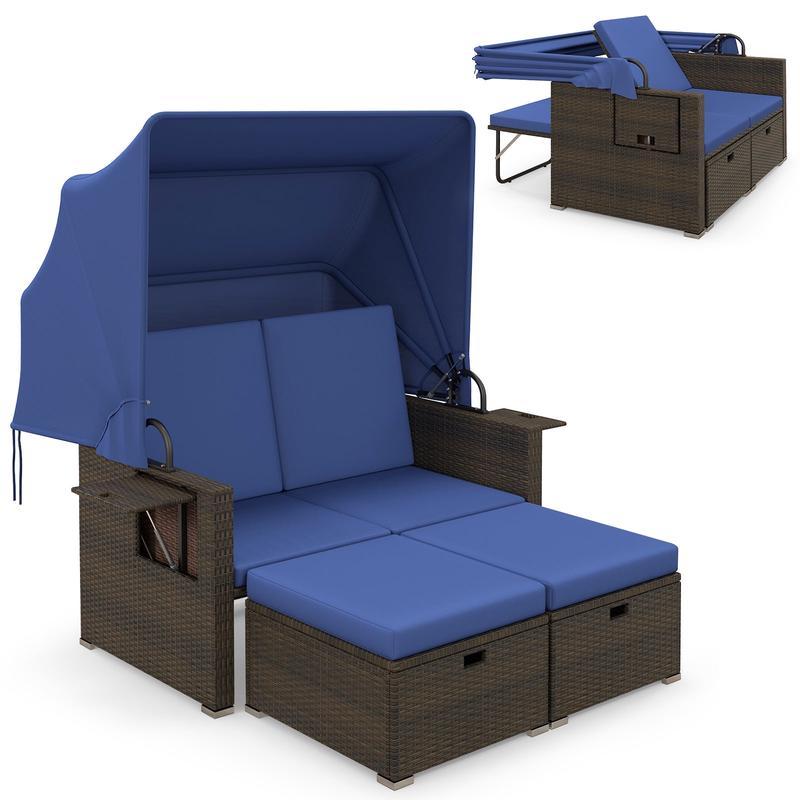 Outdoor Rattan Daybed, Retractable Canopy, Adjustable Backrests, Navy - Navy