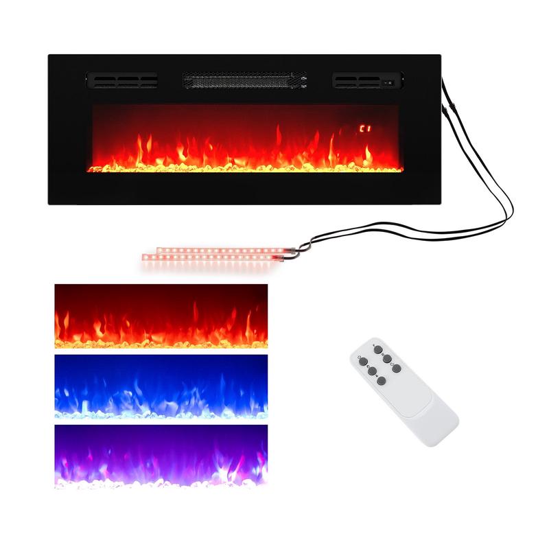 36 Inches Electric Fireplace Heater, Recessed, LED Lights, Remote, Black - Black