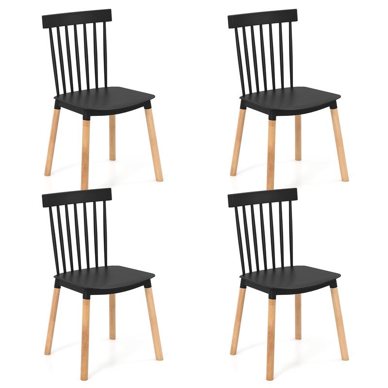 Set of 4 Windsor Dining Chairs, Spindle Backs, Curved Seats, Black - Black