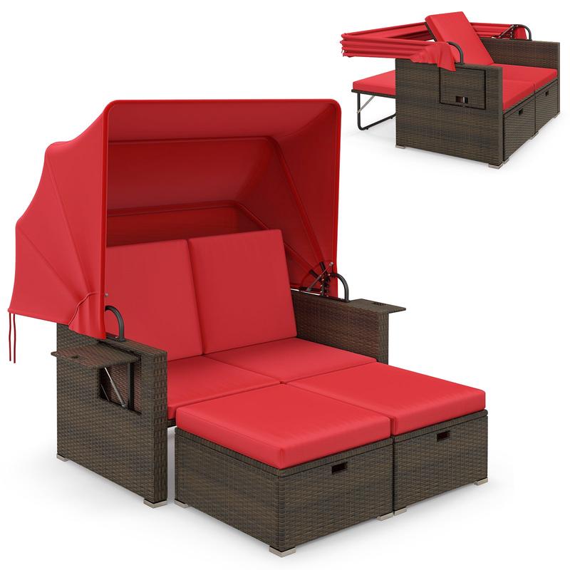 Outdoor Rattan Daybed With Retractable Canopy, Adjustable Backrests, Red - Red