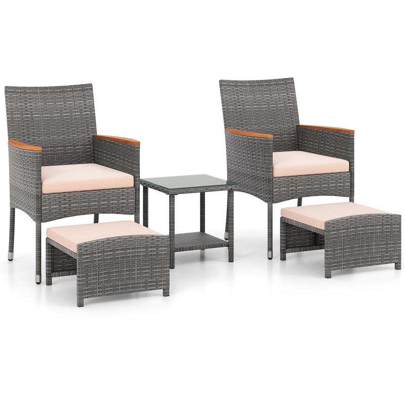 5 Piece Patio Conversation Set, Soft Cushions, Ottomans, Beige - Beige