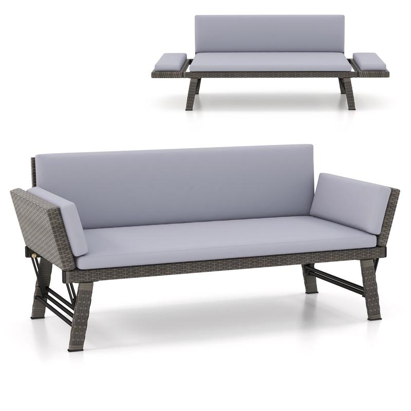 Outdoor Convertible Sofa Daybed, Adjustable Armrests, Gray - Gray