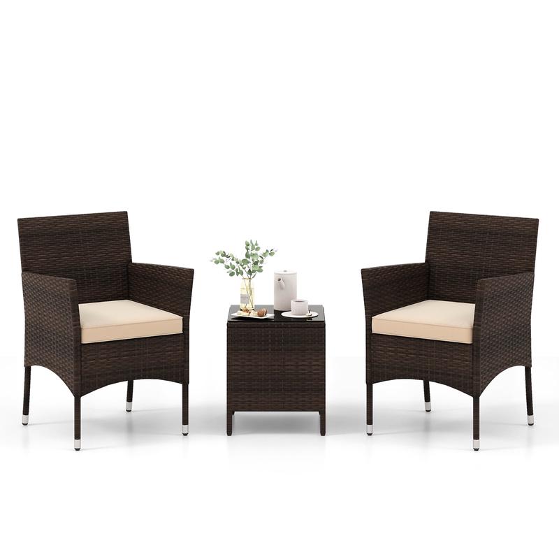 Outdoor Conversation Set, 3 Pieces, Cushioned Seat, Glass Tabletop, Beige - Beige