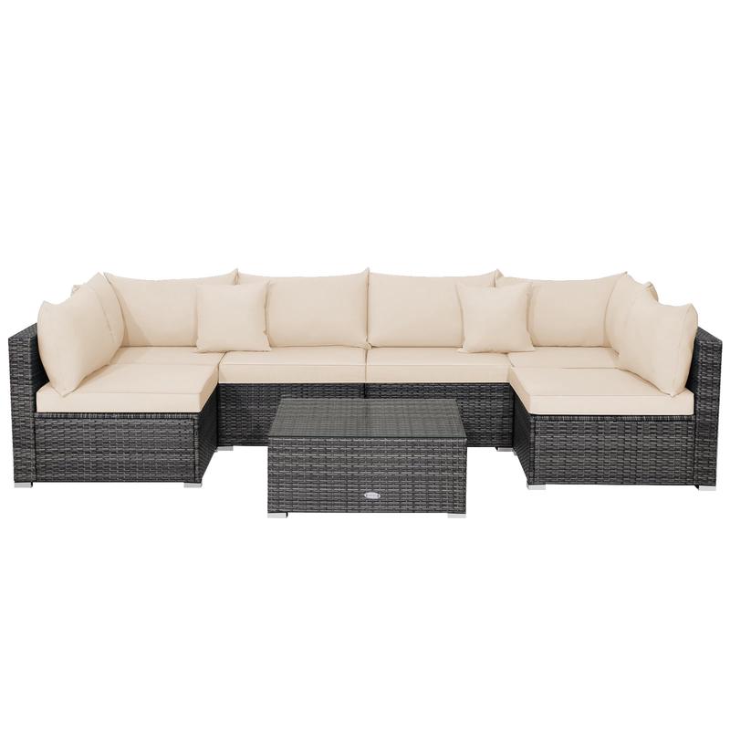 7-Piece Patio Rattan Furniture Set, Sectional Sofa Cushioned, Beige - Beige