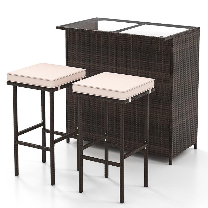 3 Pcs Patio Bar Set, Tempered Glass Tabletop, Brown - Brown