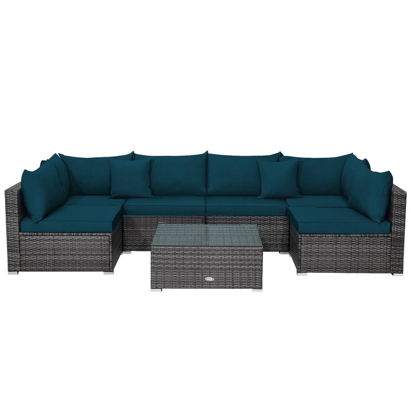 7 Piece Patio Rattan Furniture Set, Sectional Sofa, Green - Green