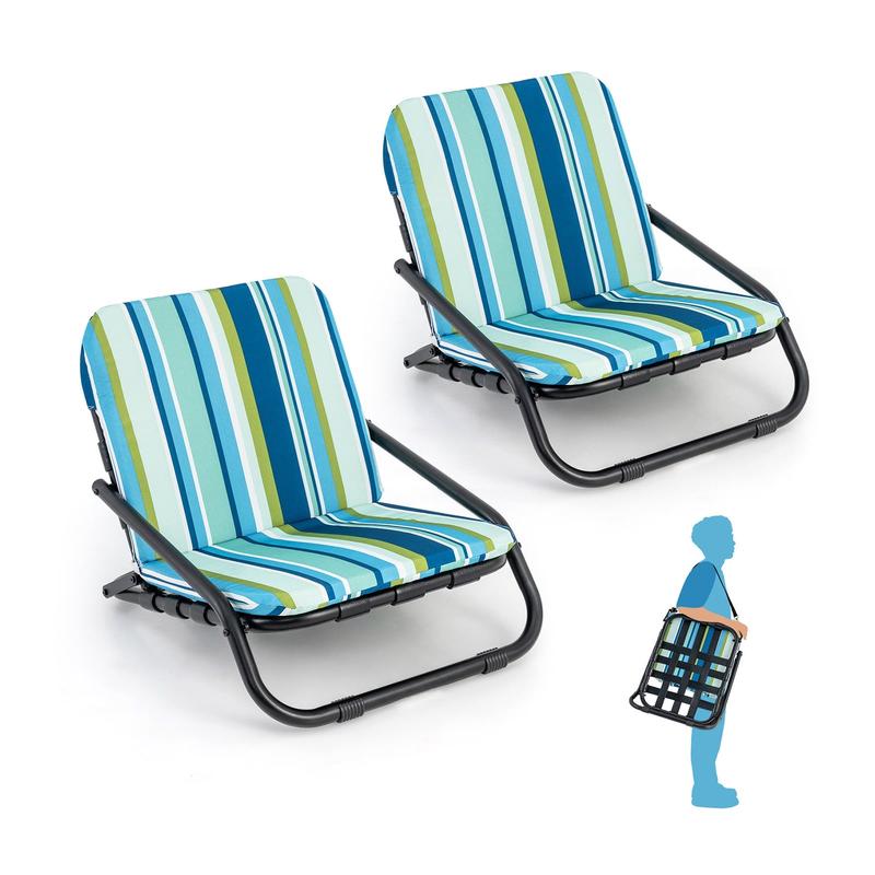 Low Folding Beach Chairs, 2 Pack With Cushion, Blue - Blue