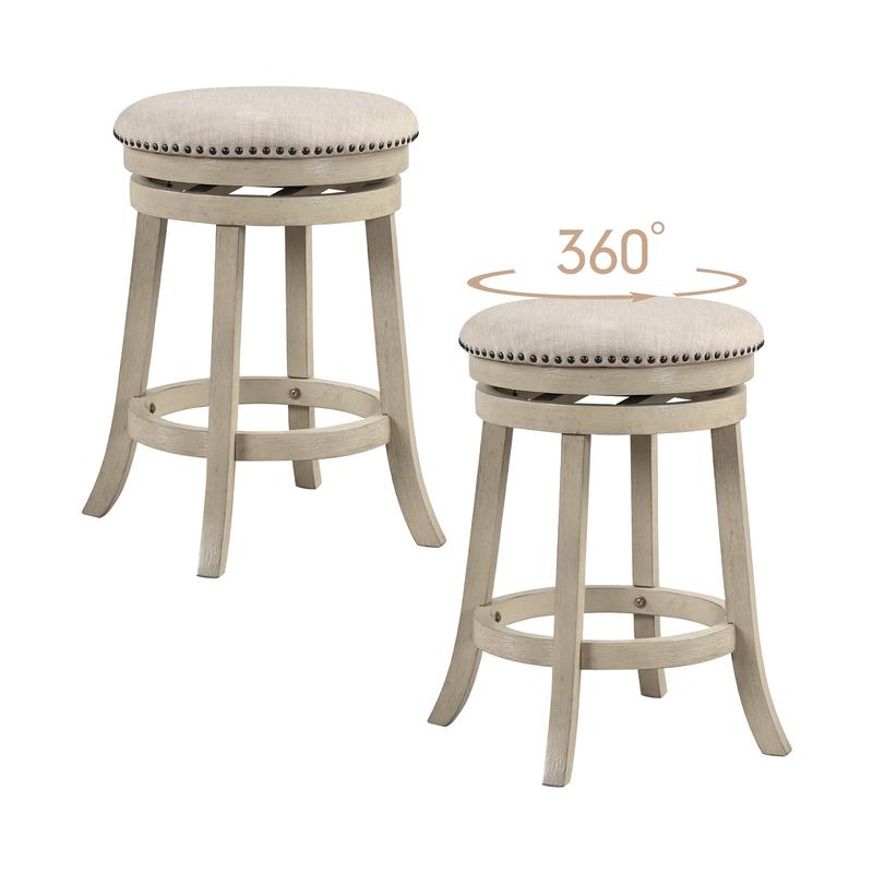 Swivel Bar Stools, Set of 2, 26.5 Inches, Wooden Frame, Beige - Beige