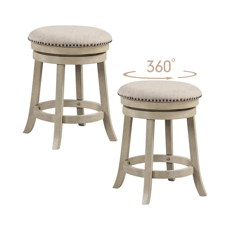 Swivel Bar Stools Set of 2, 24 Inches, Wooden Frame, Beige - Beige