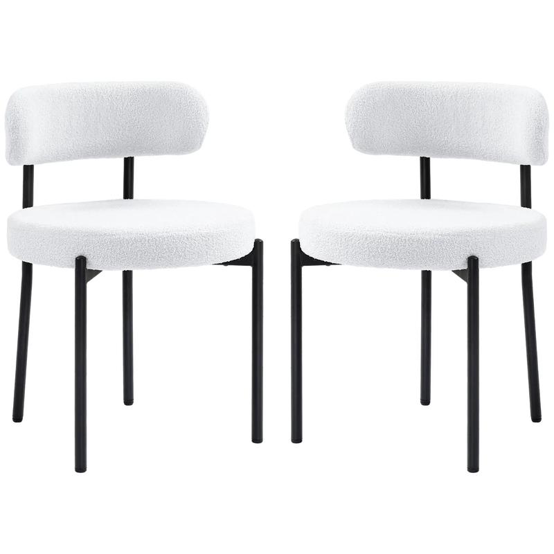 2 Kitchen Chairs, Modern Dining, Berber Fleece Upholstery, Steel Legs, Cream White - Cream