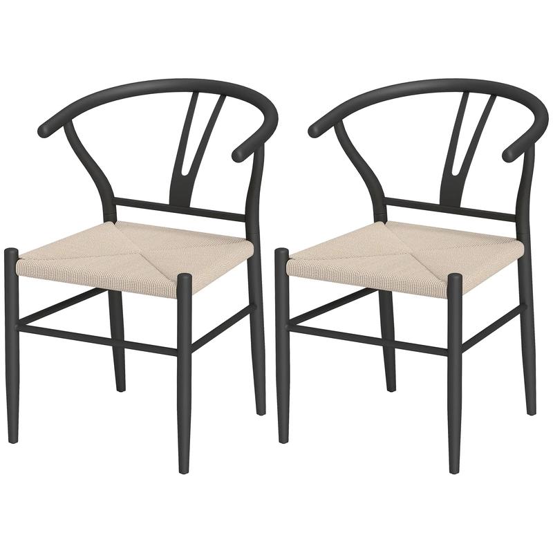 Set of 2 Weave Dining Chairs, Mid-Century Modern, Y-Shaped Backrest, Hemp Seat, Black - Black, Beige