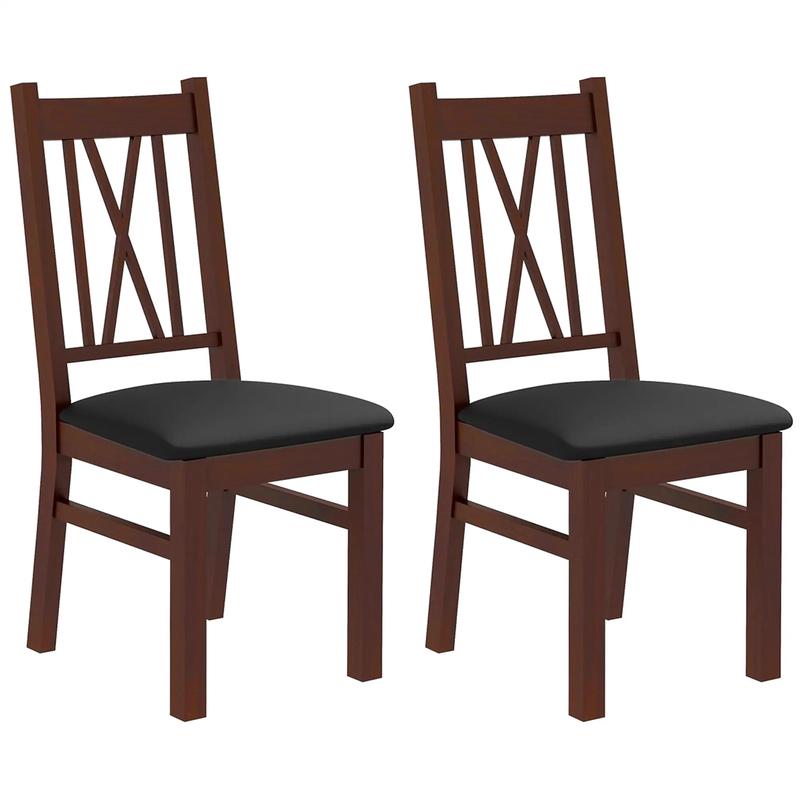 Farmhouse Dining Table Chairs Set of 2, Pine Wood, PU Leather Cushion - Black, Dark Brown