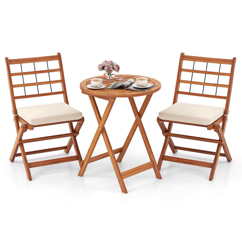 Acacia Wood Patio Bistro Set, 3 Pieces, With Cushions, White - White