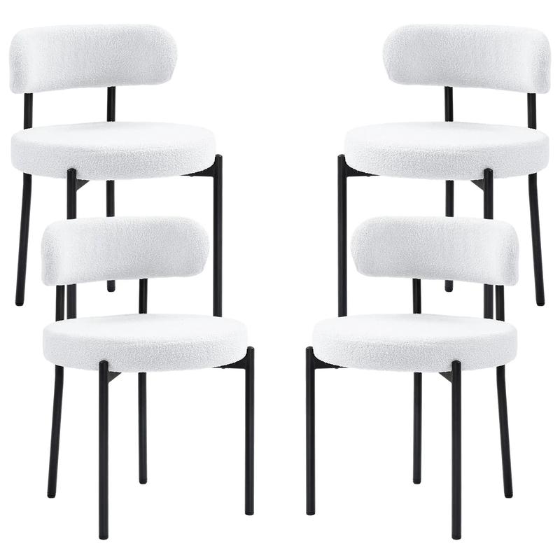 4 Kitchen Chairs, Modern Dining, Berber Fleece Upholstery, Steel Legs, Cream White - Cream