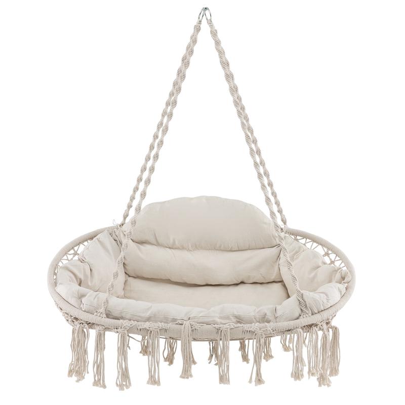Hand-Woven Rope Hanging Chair, Thick Cushion, Folding Metal Frame, Beige - Beige