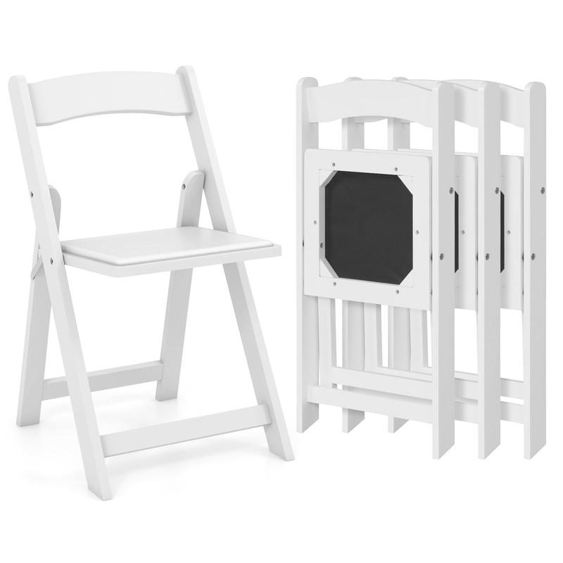 Set of 4 Foldable Kitchen Chairs, Rubber Wood Legs, Padded Seat, White - White