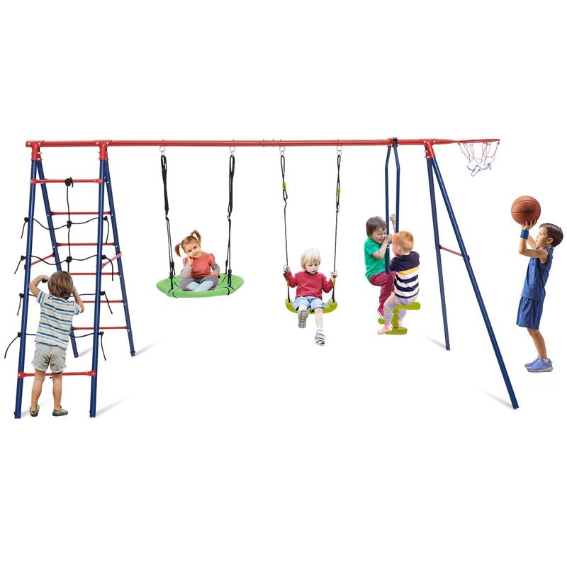 550 LBS 6-in-1 Patio Kids Swing Set, Climbing Net, Ladder, Red - Red