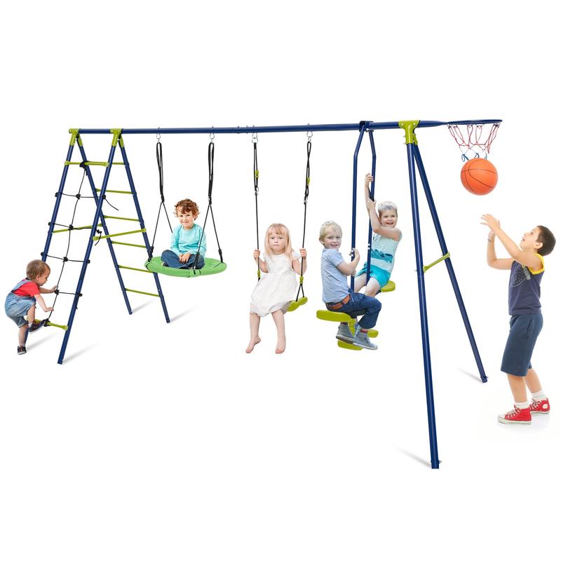 550 LBS 6-in-1 Patio Kids Swing Set, Green - Green