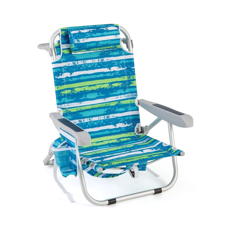 Foldable Backpack Beach Chair, Cup Holder, Storage Pockets, Blue Green - Blue & Green