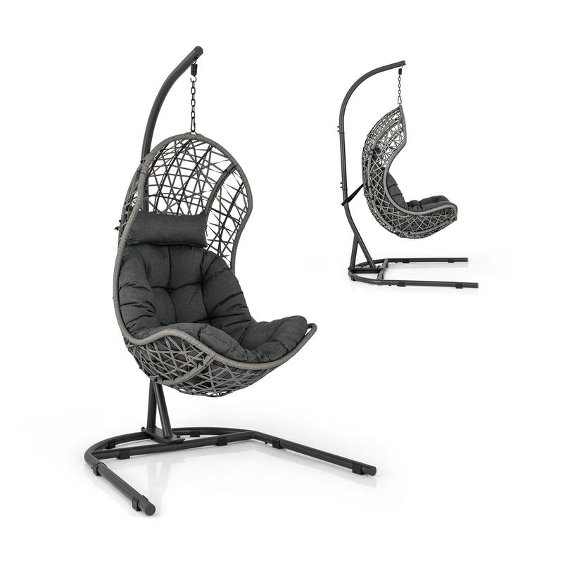 Egg Chair With Stand, PE Rattan Swing Hammock, Gray - Gray