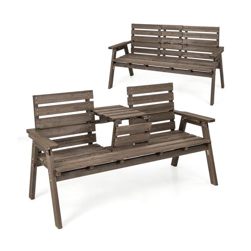 Outdoor Fir Wood Bench, Foldable Middle Table, Gray - Gray