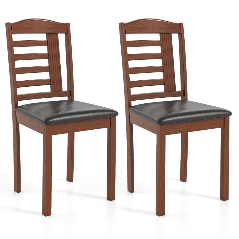 Set of 2 Wood Kitchen Chairs with Faux Leather Upholstered Seat, Black - Black