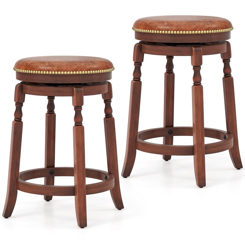 24 Inch Swivel Bar Stool Set, Upholstered Seat, Rubber Wood Frame, Brown - Brown