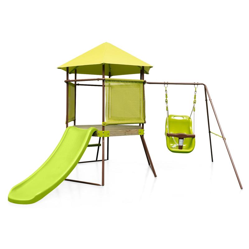 4-in-1 Swing Set With Covered Playhouse Fort, Height Adjustable Baby Seat, Green - Green