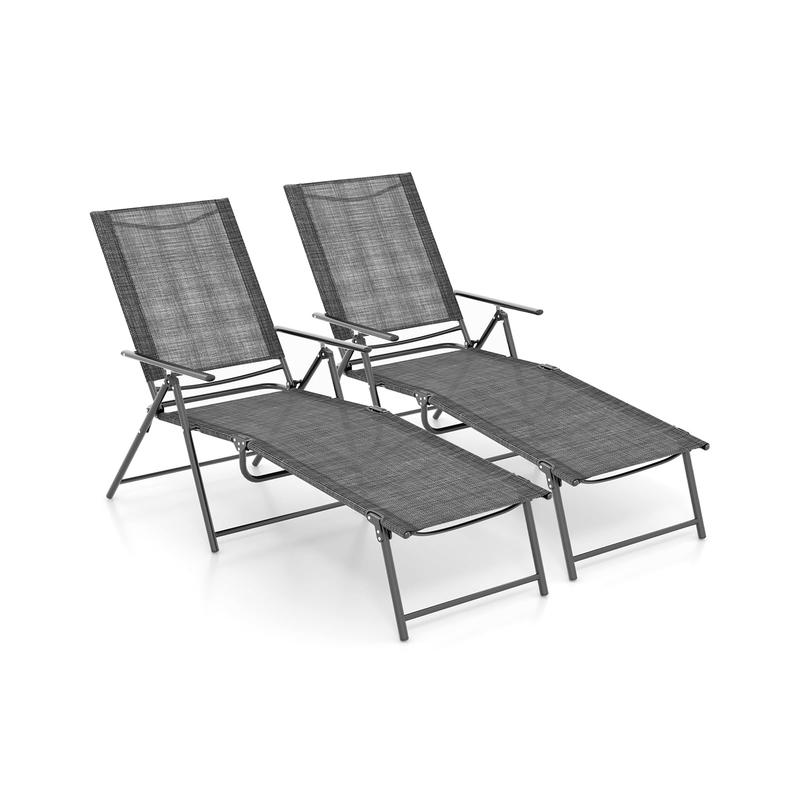 2 Piece Patio Folding Chaise Lounge Chairs, 6-Level Backrest, Gray - Gray