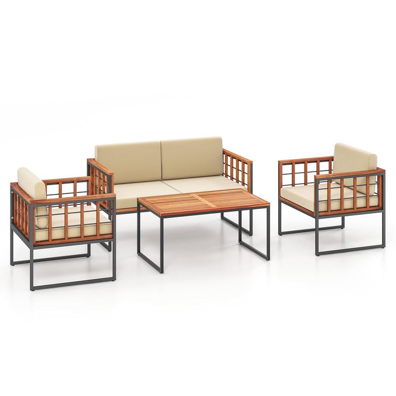 4 Pieces Acacia Wood Outdoor Sofa Set for Balcony Porch Backyard Poolside - Beige, Natural, Black